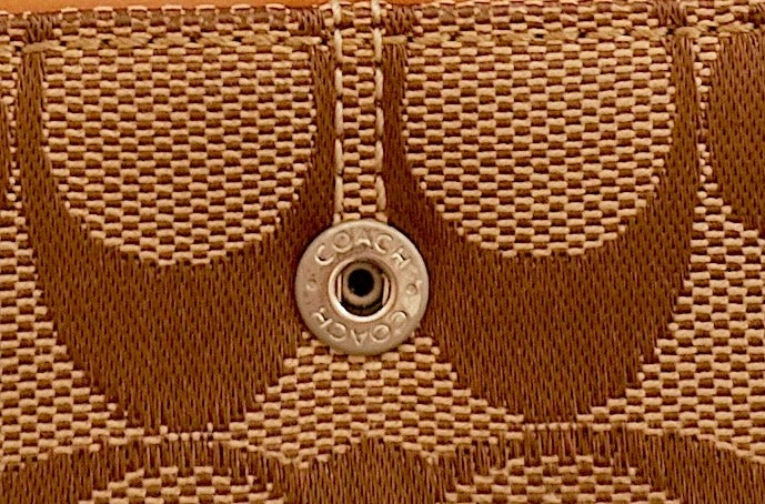 Vintage Coach Wallet Brown Tan Monogram Canvas Leather Long Flap Purse Women’s