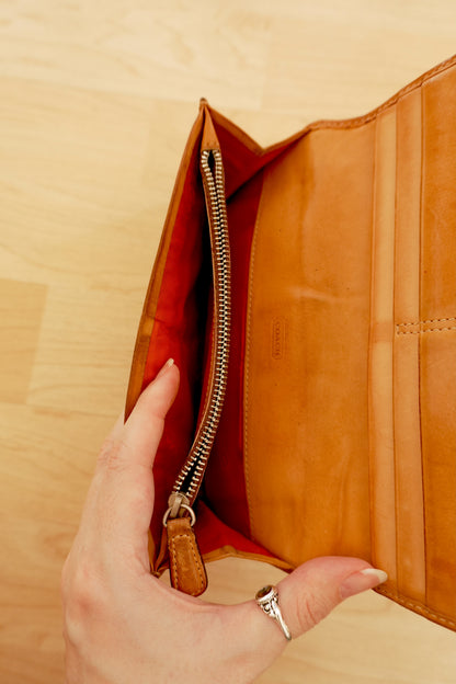 Vintage Coach Wallet Brown Tan Monogram Canvas Leather Long Flap Purse Women’s