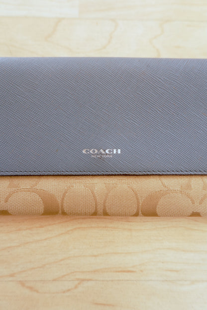 Vintage Coach Wallet Light Blue Beige Monogram Canvas Leather Long Flap Purse