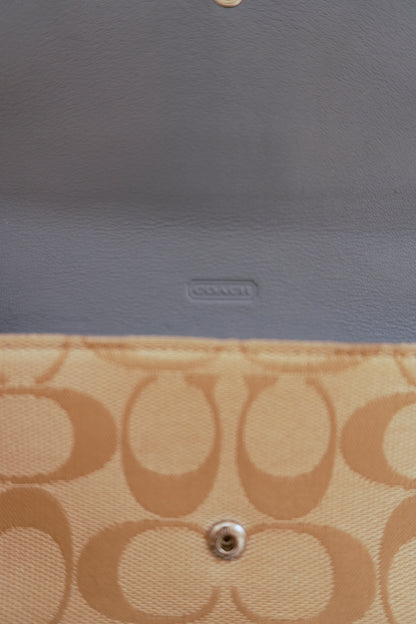Vintage Coach Wallet Light Blue Beige Monogram Canvas Leather Long Flap Purse