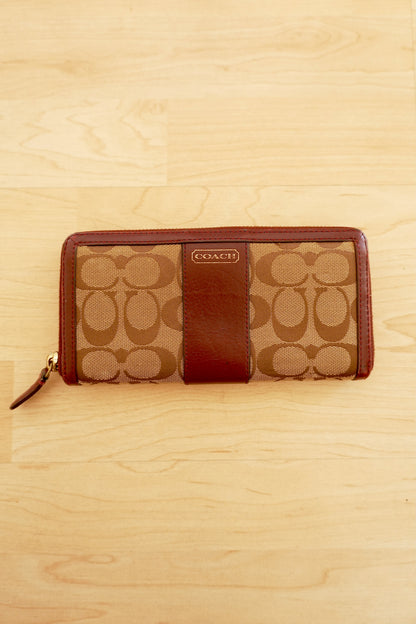 Coach Vintage Wallet Burgundy Leather Brown Canvas Monogram Zip Around Purse