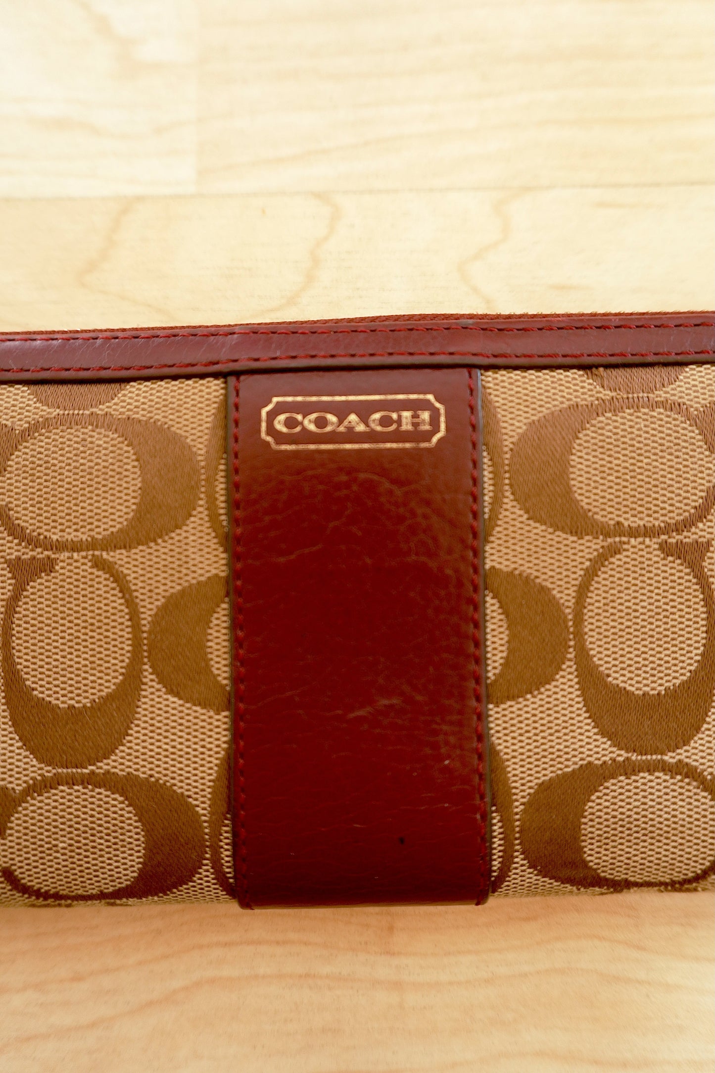 Coach Vintage Wallet Burgundy Leather Brown Canvas Monogram Zip Around Purse
