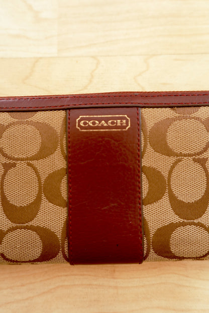 Coach Vintage Wallet Burgundy Leather Brown Canvas Monogram Zip Around Purse