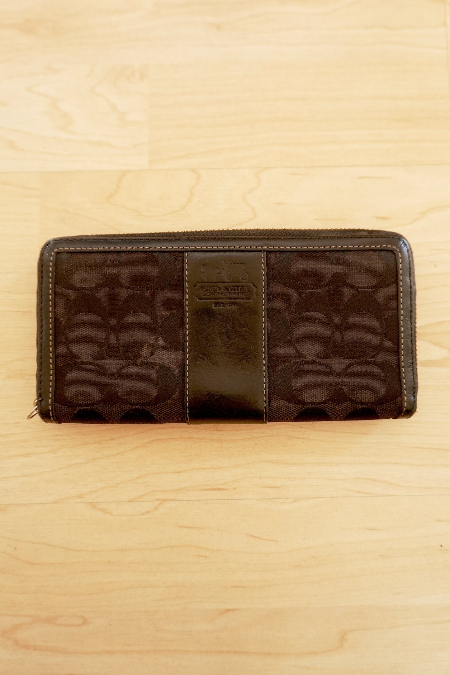 Coach Wallet Vintage Black Leather Canvas Zip Around Long Purse Gold Zip Women's