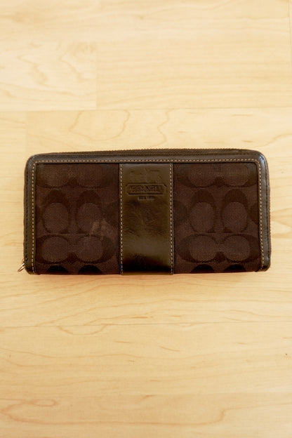 Coach Wallet Vintage Black Leather Canvas Zip Around Long Purse Gold Zip Women's