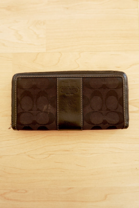 Coach Wallet Vintage Black Leather Canvas Zip Around Long Purse Gold Zip Women's