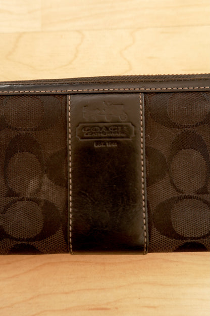 Coach Wallet Vintage Black Leather Canvas Zip Around Long Purse Gold Zip Women's