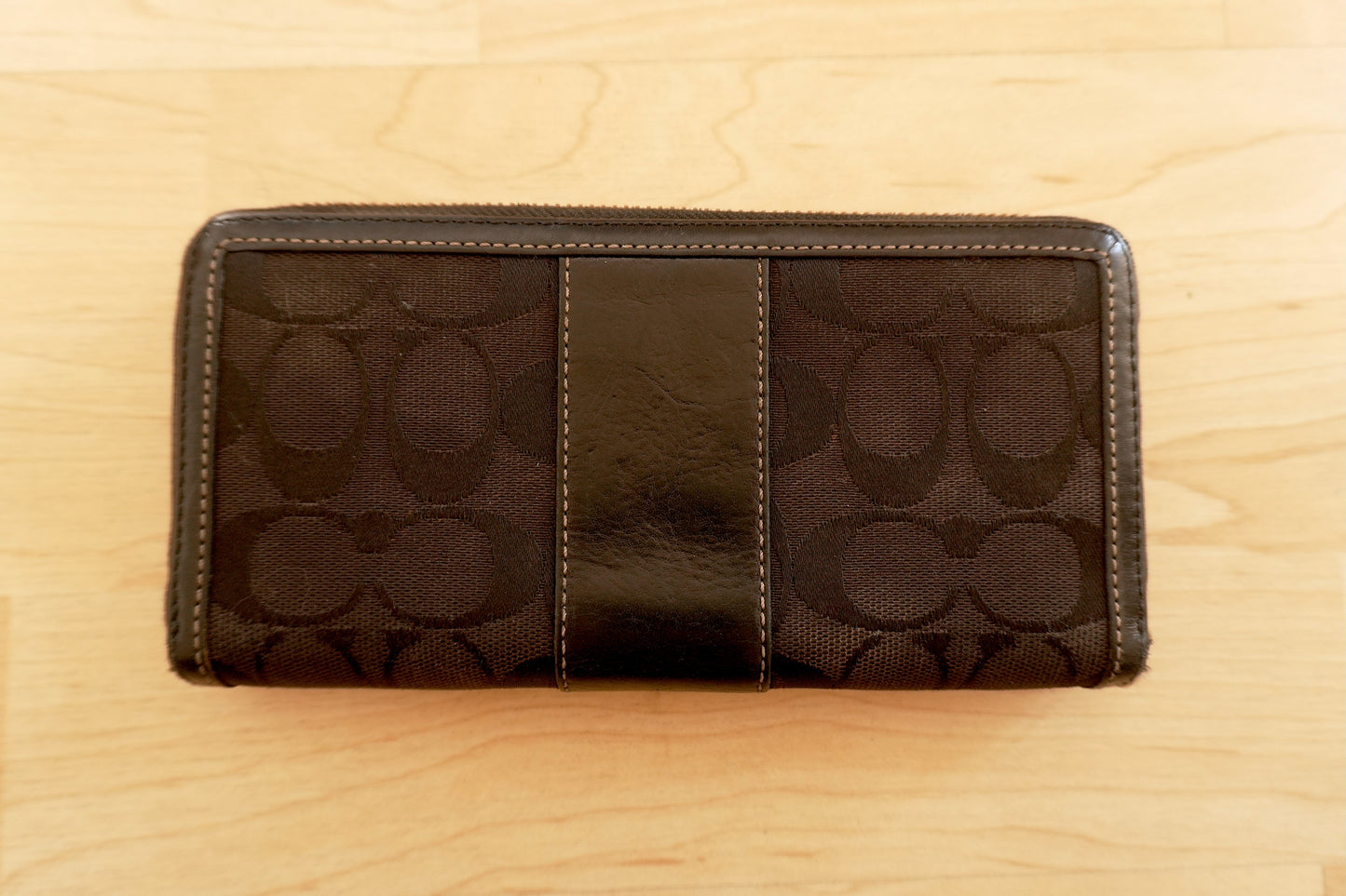 Coach Wallet Vintage Black Leather Canvas Zip Around Long Purse Gold Zip Women's