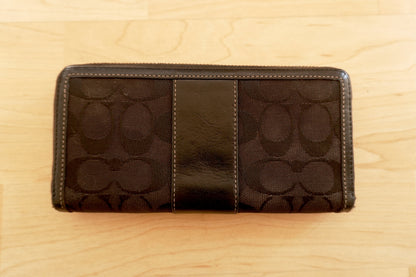 Coach Wallet Vintage Black Leather Canvas Zip Around Long Purse Gold Zip Women's
