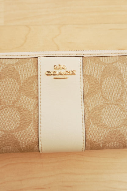 Coach Wallet Cream Beige Leather Long Zip Around Purse Gold Hardware Logo Zip Women's