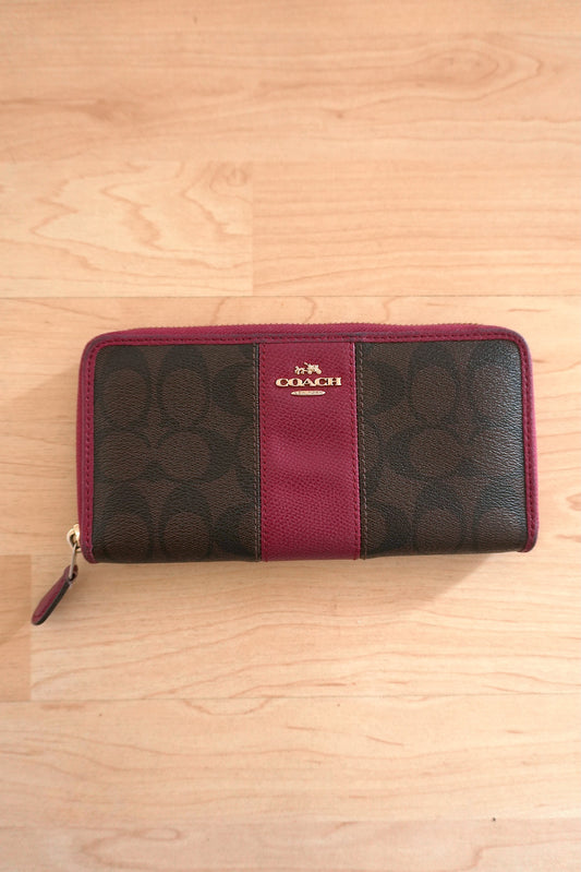 Coach Wallet Brown Purple Leather Long Purse Zip Around Monogram Gold Logo Women