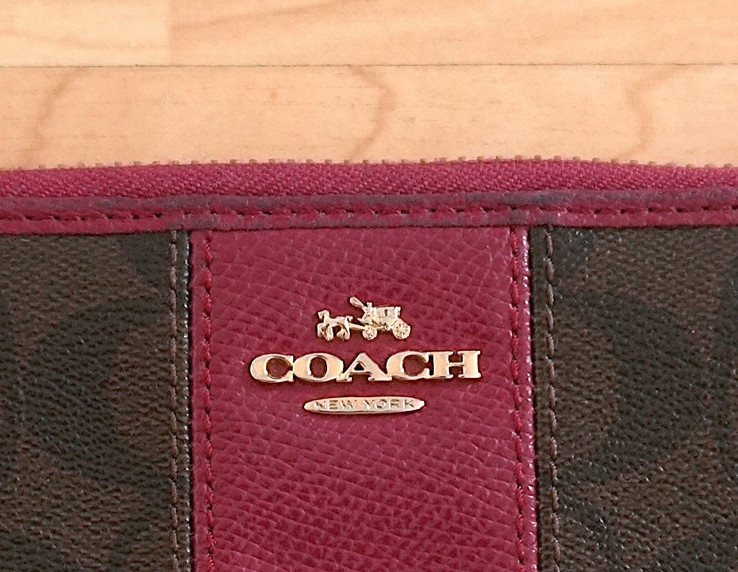 Coach Wallet Brown Purple Leather Long Purse Zip Around Monogram Gold Logo Women