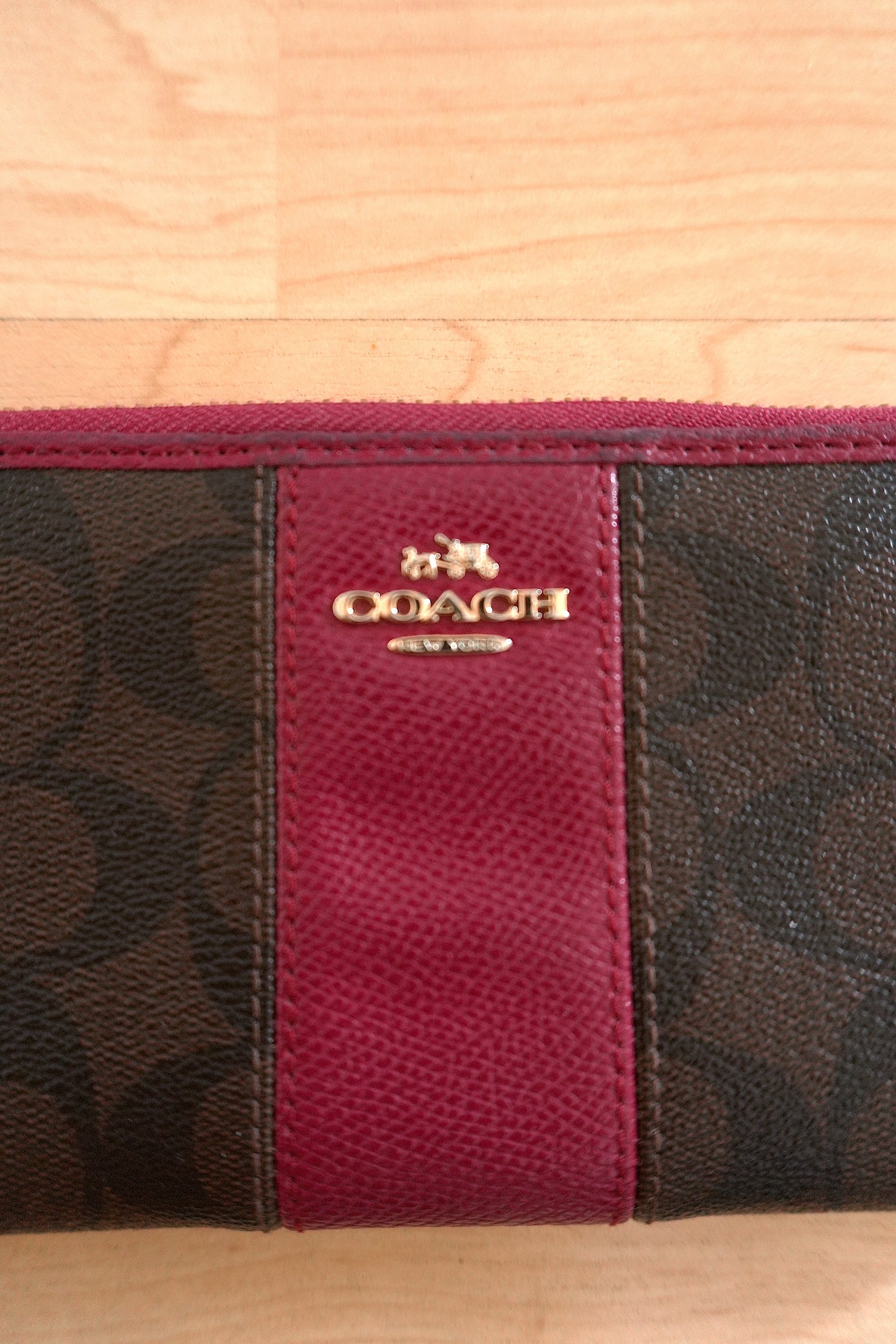 Coach Wallet Brown Purple Leather Long Purse Zip Around Monogram Gold Logo Women