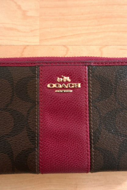Coach Wallet Brown Purple Leather Long Purse Zip Around Monogram Gold Logo Women