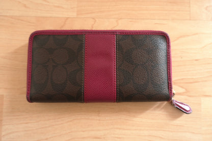 Coach Wallet Brown Purple Leather Long Purse Zip Around Monogram Gold Logo Women