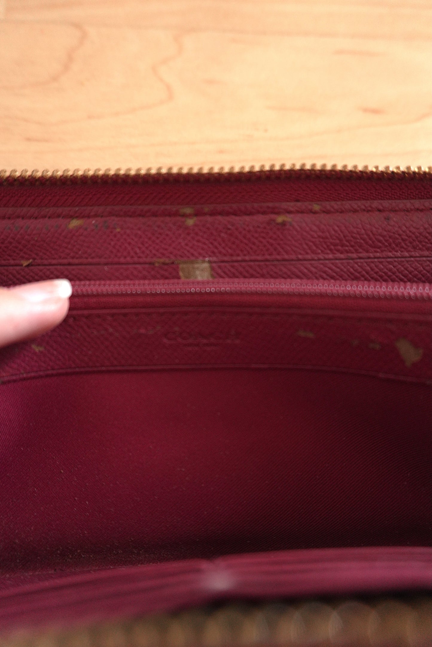 Coach Wallet Brown Purple Leather Long Purse Zip Around Monogram Gold Logo Women