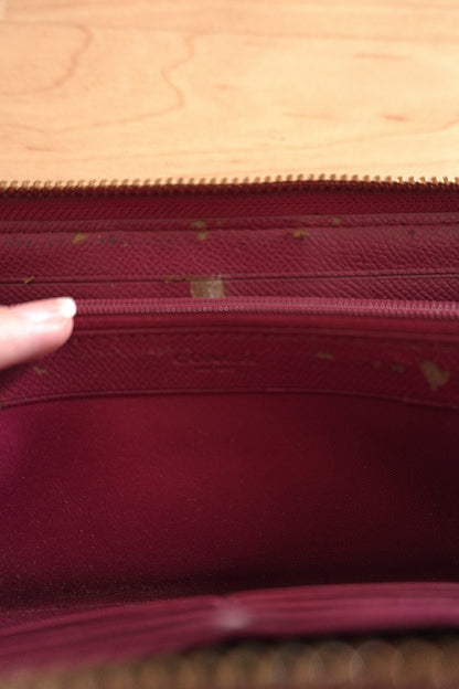 Coach Wallet Brown Purple Leather Long Purse Zip Around Monogram Gold Logo Women