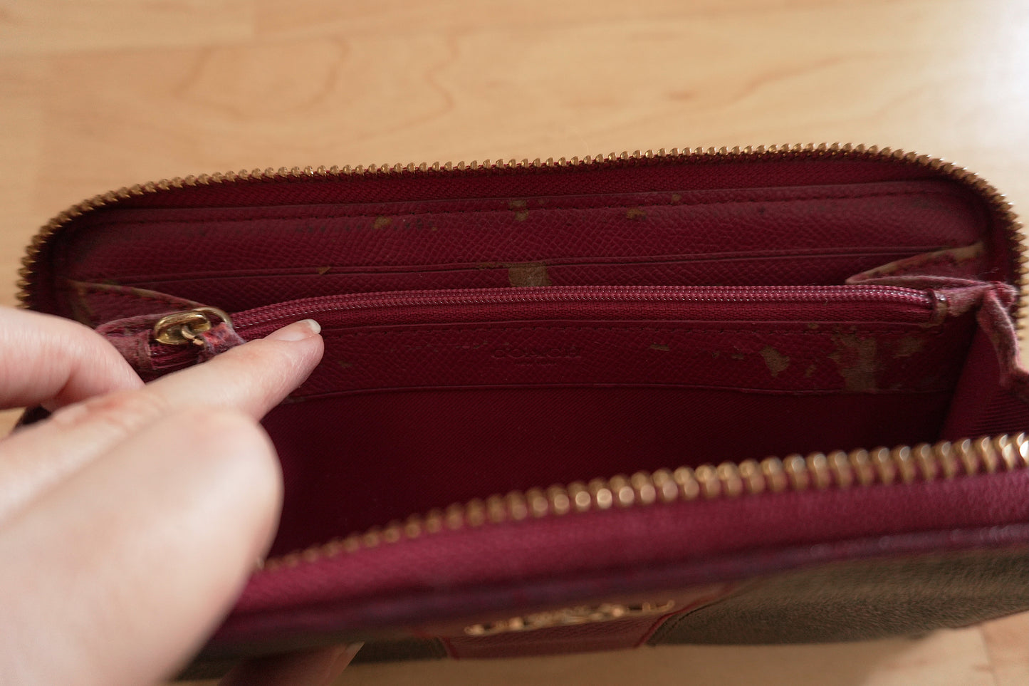 Coach Wallet Brown Purple Leather Long Purse Zip Around Monogram Gold Logo Women
