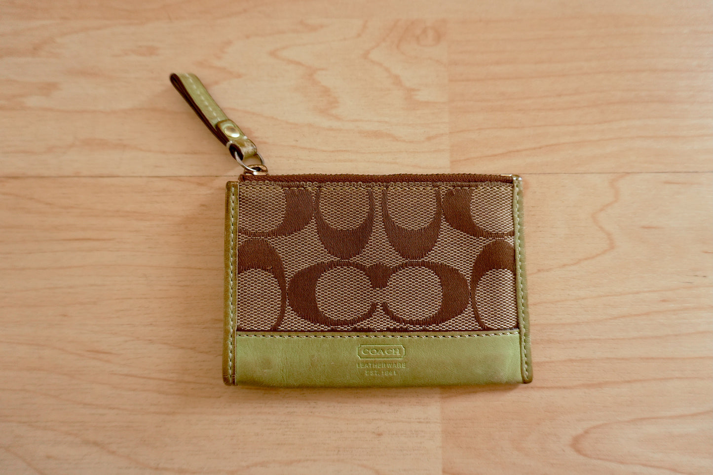 Coach Coin Purse Vintage Lime Green Leather Brown Beige Canvas Zipped Women's