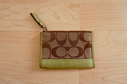 Coach Coin Purse Vintage Lime Green Leather Brown Beige Canvas Zipped Women's