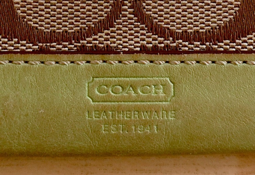 Coach Coin Purse Vintage Lime Green Leather Brown Beige Canvas Zipped Women's