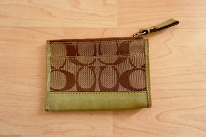 Coach Coin Purse Vintage Lime Green Leather Brown Beige Canvas Zipped Women's