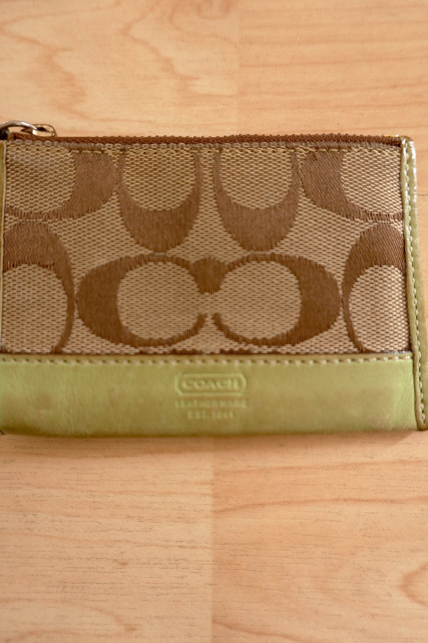 Coach Coin Purse Vintage Lime Green Leather Brown Beige Canvas Zipped Women's
