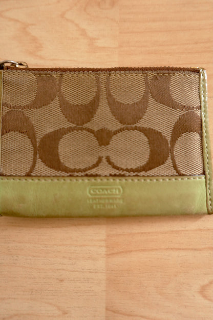 Coach Coin Purse Vintage Lime Green Leather Brown Beige Canvas Zipped Women's