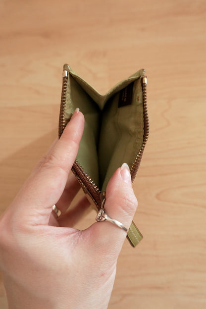 Coach Coin Purse Vintage Lime Green Leather Brown Beige Canvas Zipped Women's