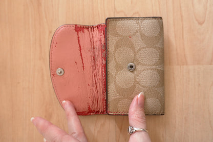 Coach Key Case Beige Leather Pink Leather Inside Key Holder Monogram
