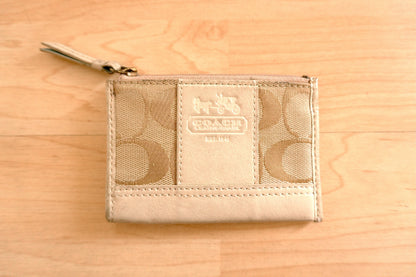 Vintage Coach Coin Purse Cream Beige Monogram Canvas Leather Keychain Zip Pouch