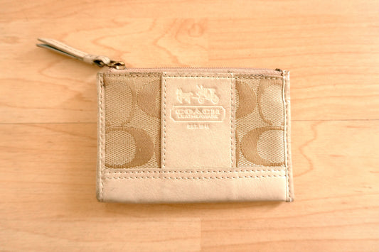 Vintage Coach Coin Purse Cream Beige Monogram Canvas Leather Keychain Zip Pouch