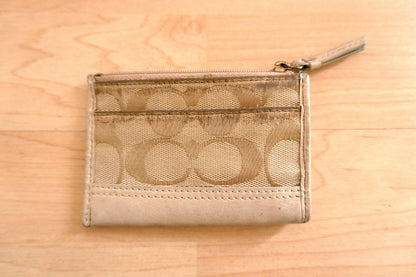 Vintage Coach Coin Purse Cream Beige Monogram Canvas Leather Keychain Zip Pouch