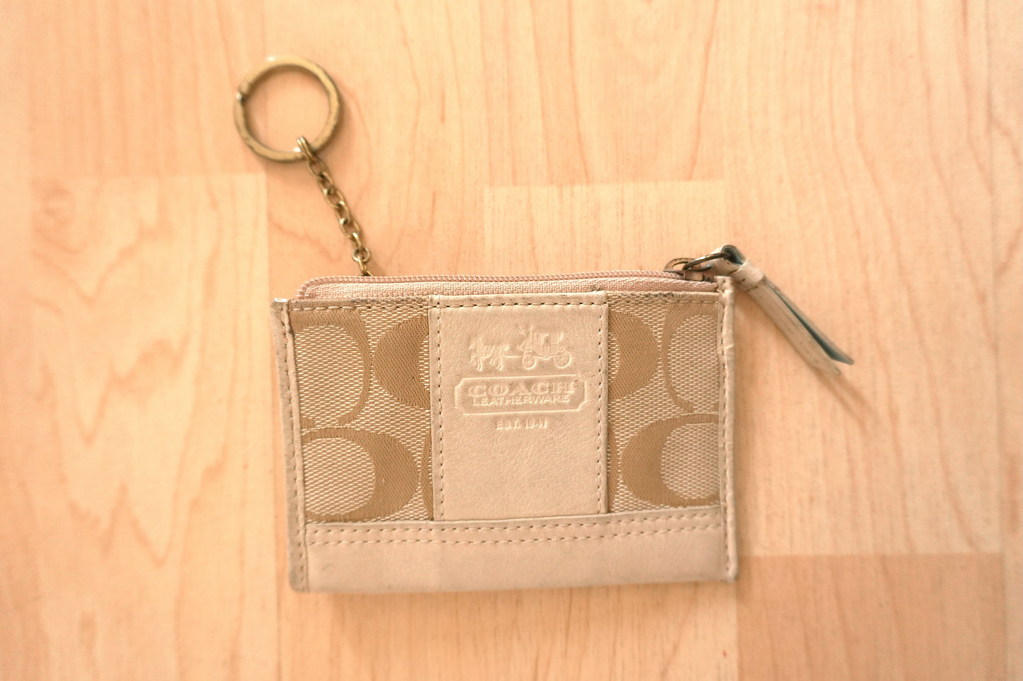 Vintage Coach Coin Purse Cream Beige Monogram Canvas Leather Keychain Zip Pouch