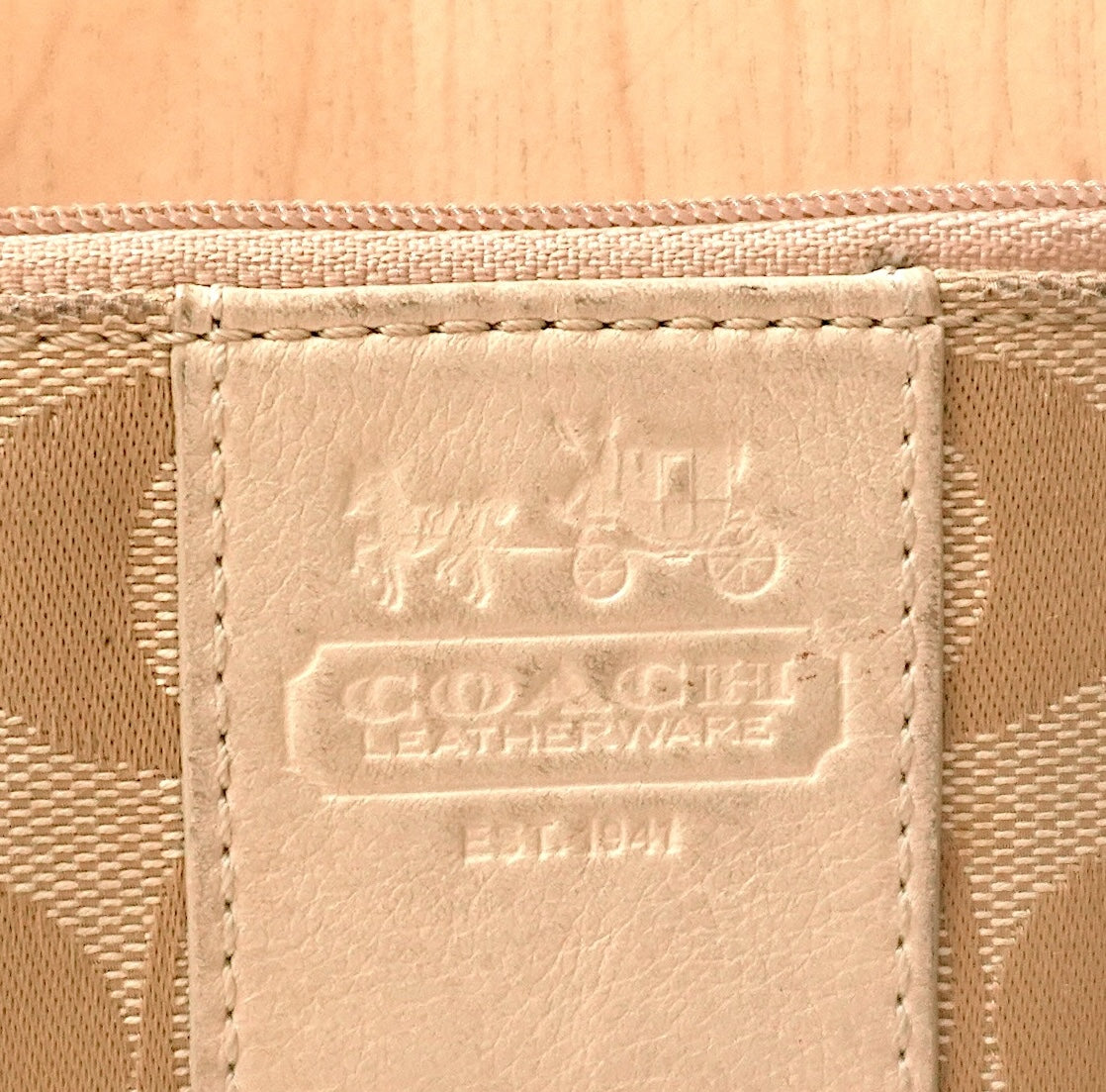 Vintage Coach Coin Purse Cream Beige Monogram Canvas Leather Keychain Zip Pouch