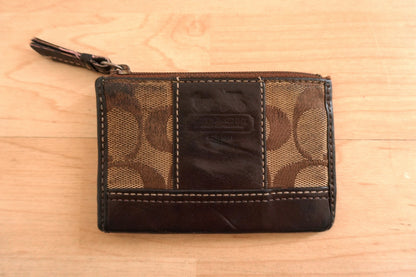 Vintage Coach Coin Purse Brown Monogram Canvas Leather Keychain Zip Pouch