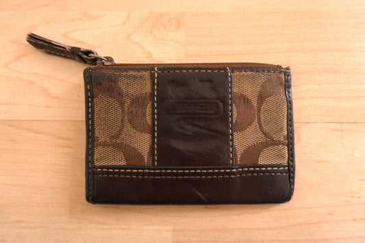 Vintage Coach Coin Purse Brown Monogram Canvas Leather Keychain Zip Pouch