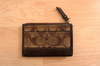 Vintage Coach Coin Purse Brown Monogram Canvas Leather Keychain Zip Pouch