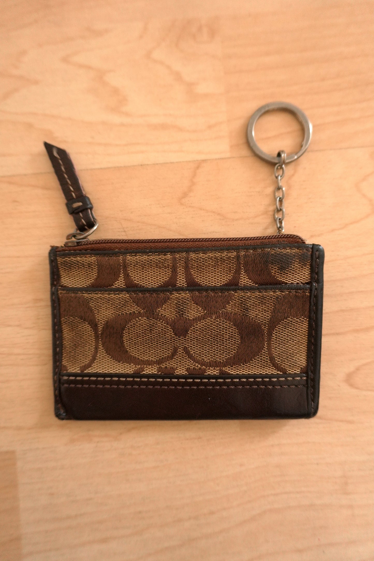 Vintage Coach Coin Purse Brown Monogram Canvas Leather Keychain Zip Pouch