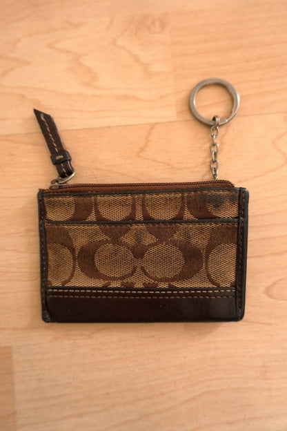 Vintage Coach Coin Purse Brown Monogram Canvas Leather Keychain Zip Pouch