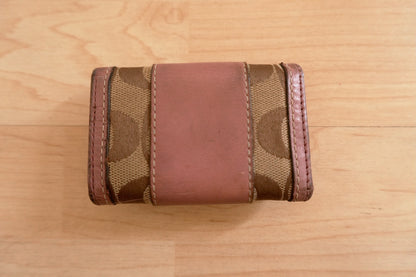 Coach Key Holder Vintage Beige Canvas Pink Leather Key Case Gold Hardware Women