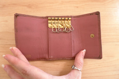 Coach Key Holder Vintage Beige Canvas Pink Leather Key Case Gold Hardware Women
