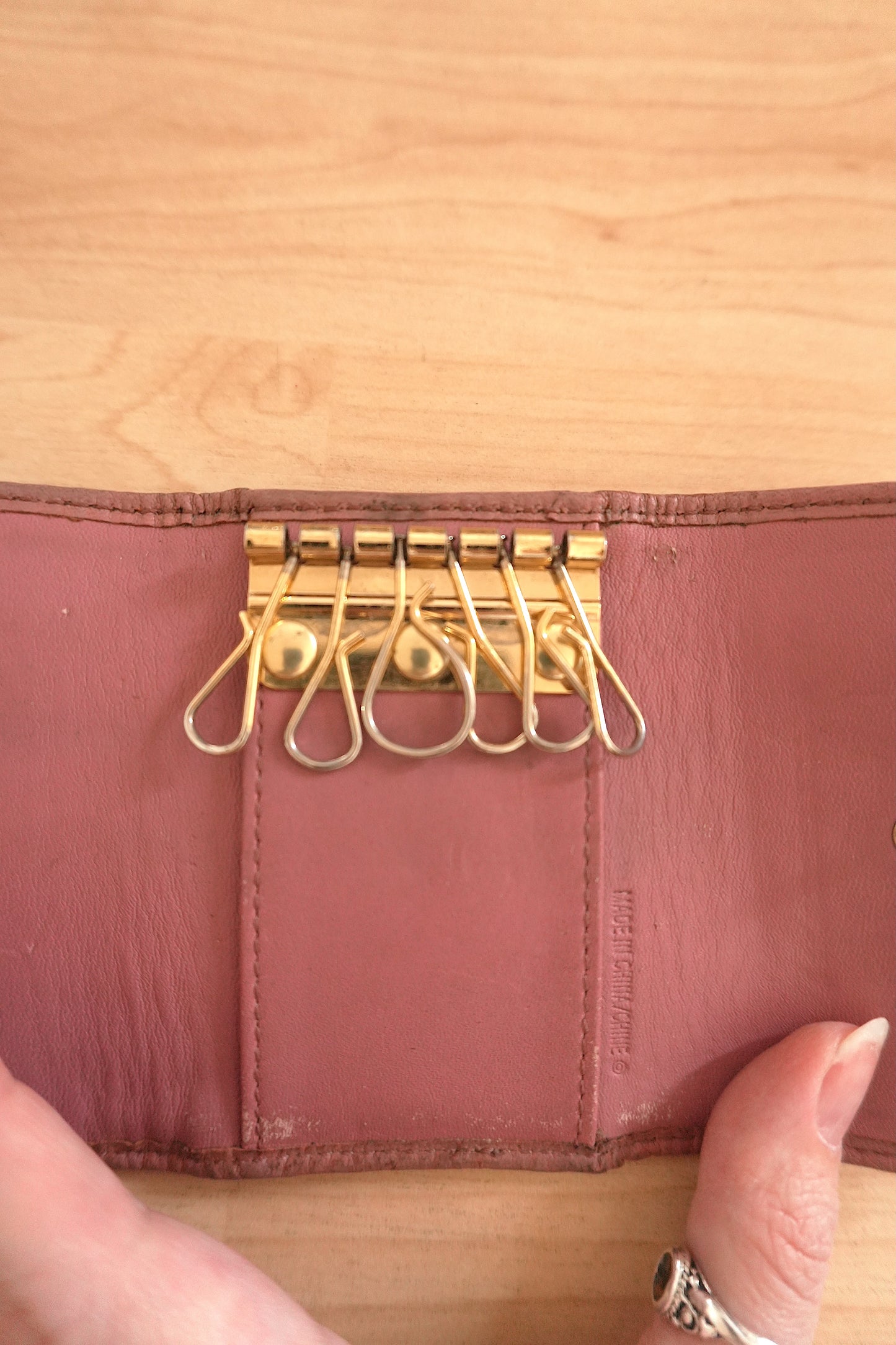 Coach Key Holder Vintage Beige Canvas Pink Leather Key Case Gold Hardware Women
