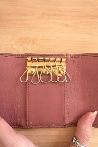 Coach Key Holder Vintage Beige Canvas Pink Leather Key Case Gold Hardware Women