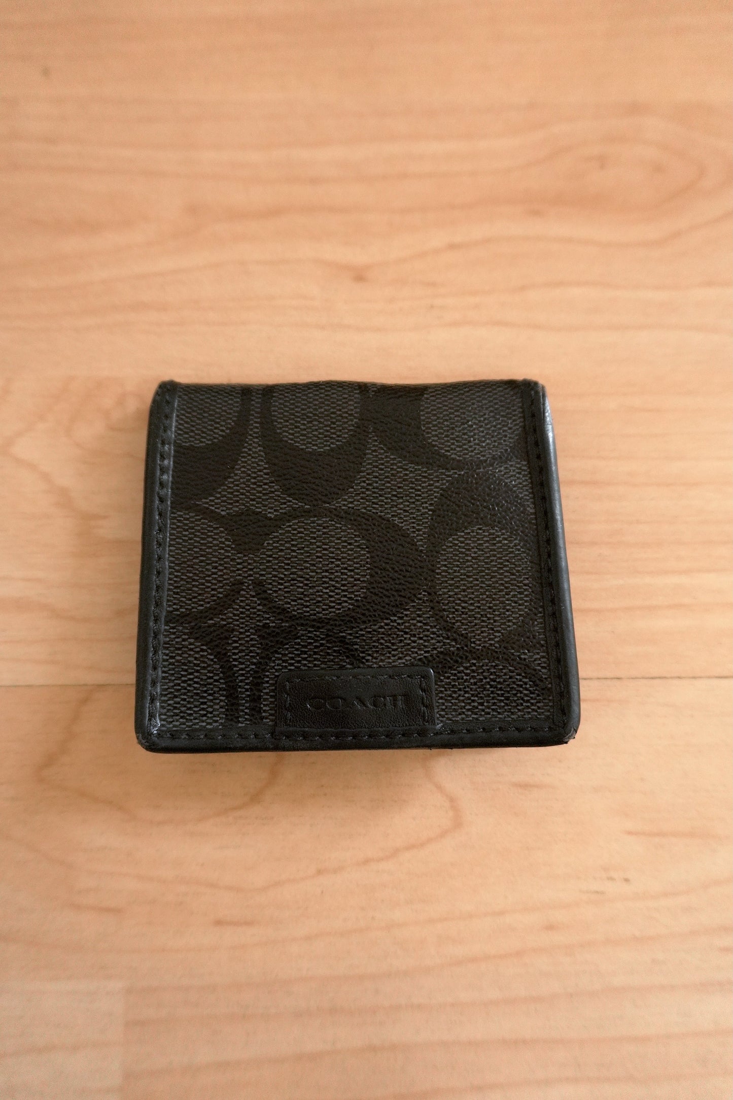 Coach Coin Purse Black Leather Bifold with Stud Fastening Square Unisex Monogram