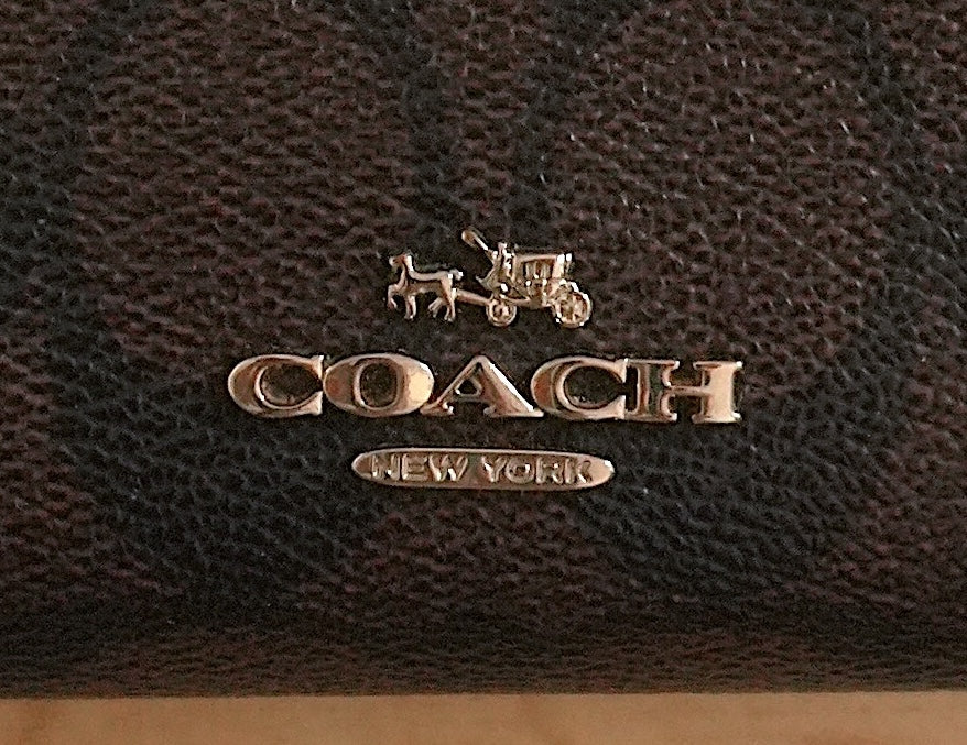 Coach Wallet Black Brown Leather Monogram Bifold Purse Gold Logo Zip