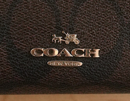 Coach Wallet Black Brown Leather Monogram Bifold Purse Gold Logo Zip
