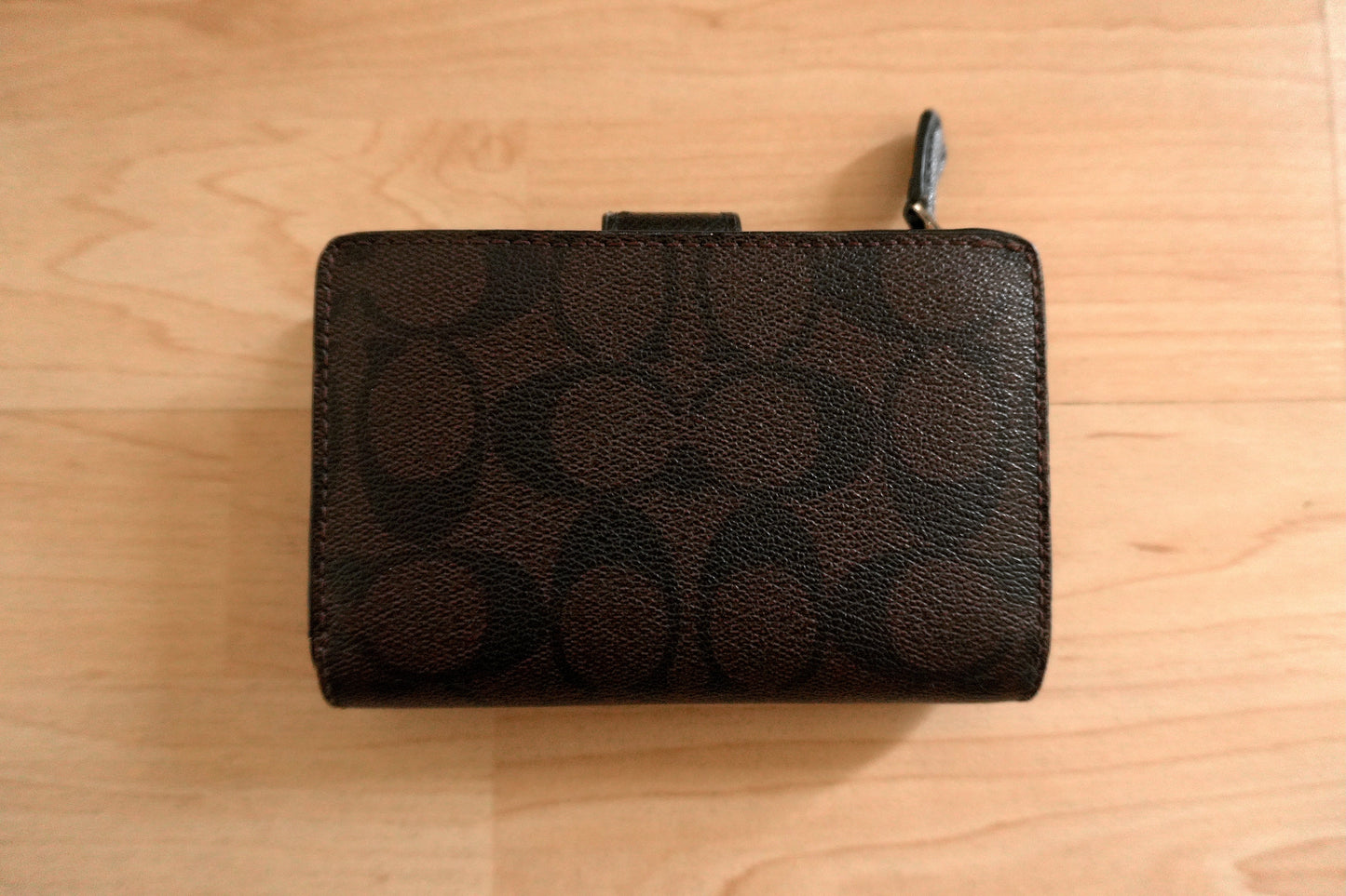 Coach Wallet Black Brown Leather Monogram Bifold Purse Gold Logo Zip