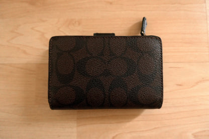 Coach Wallet Black Brown Leather Monogram Bifold Purse Gold Logo Zip