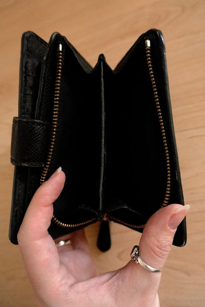 Coach Wallet Black Brown Leather Monogram Bifold Purse Gold Logo Zip
